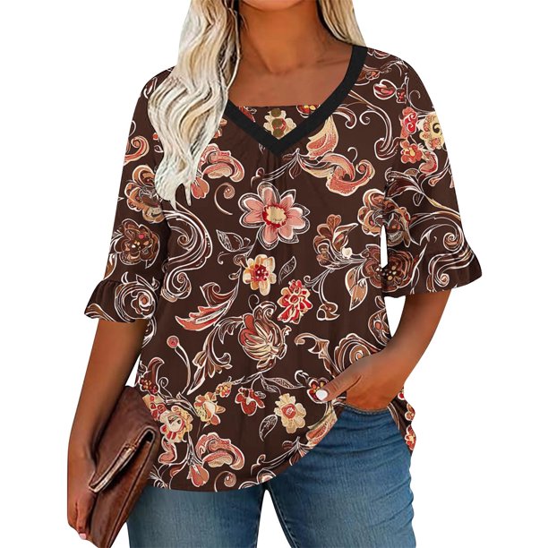 Camiseta de Manga Corta de Verano de las Mujeres con Cuello en V Impresa con Pliegues en el Pecho Y Mangas de Manguito, Blusa Casual de Poliéster Ligera para Trajes Diarios de Primavera