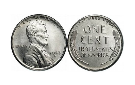 Two 1943 Lincoln One Cent Wheat Penny Coin US Steel NO Copper from WWII 