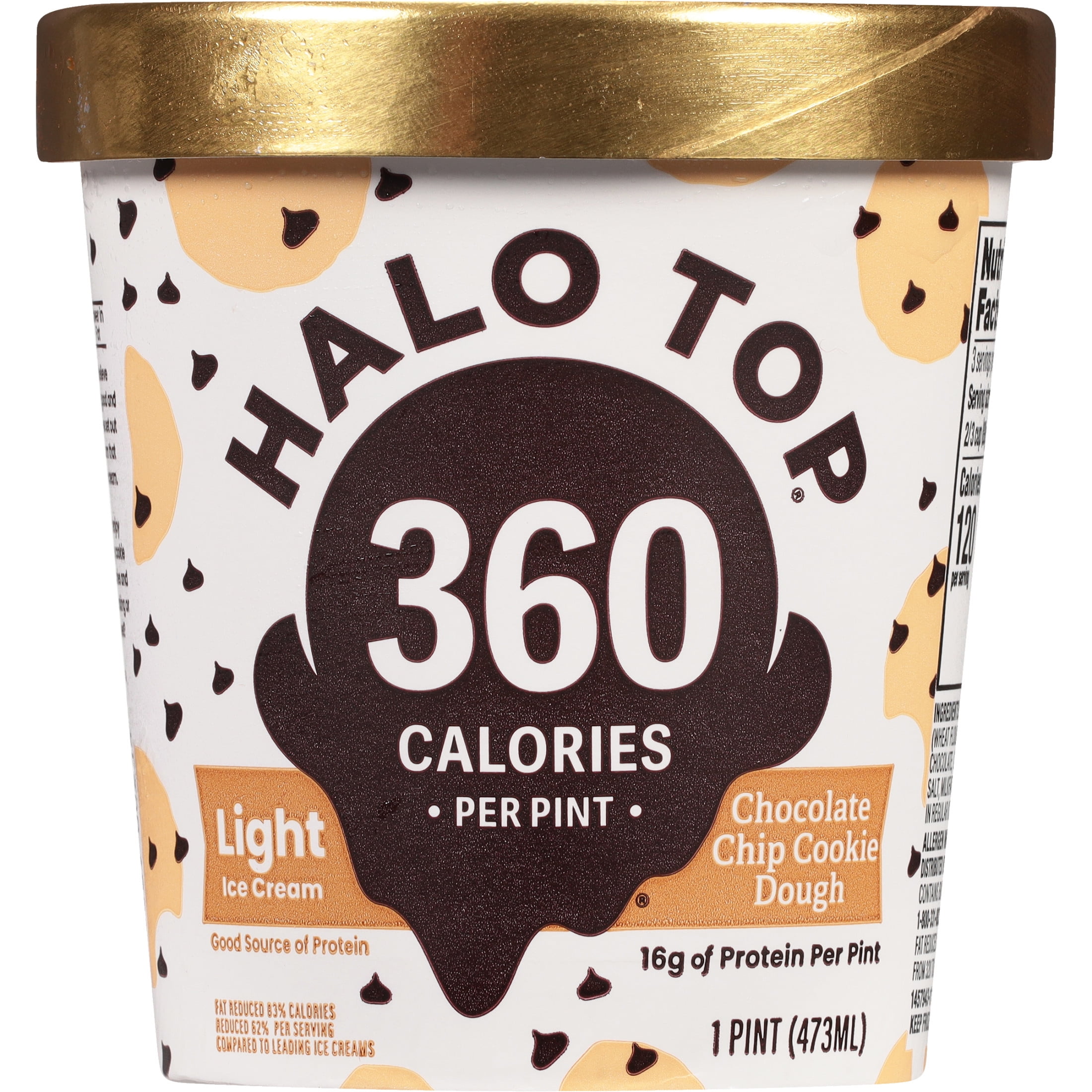 Halo Top Chocolate Chip Cookie Dough Light Ice Cream, With a Good Source of Protein, Lower Calorie Frozen Dessert, 16 fl oz Pint