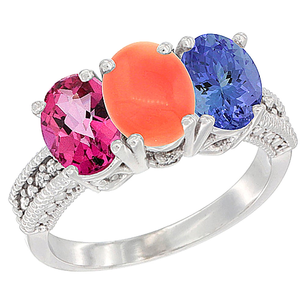 14K White Gold Natural Pink Topaz, Coral & Tanzanite Ring 3-Stone 7x5 mm Oval Diamond Accent, sizes 5 10 by WorldJewels