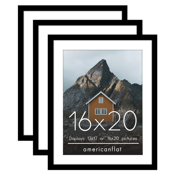 Americanflat 16x20 Black Picture Frames - Shatter-Resistant Glass - 3 Pack - Use as 13x17 with mat or as 16x20 frame without mat