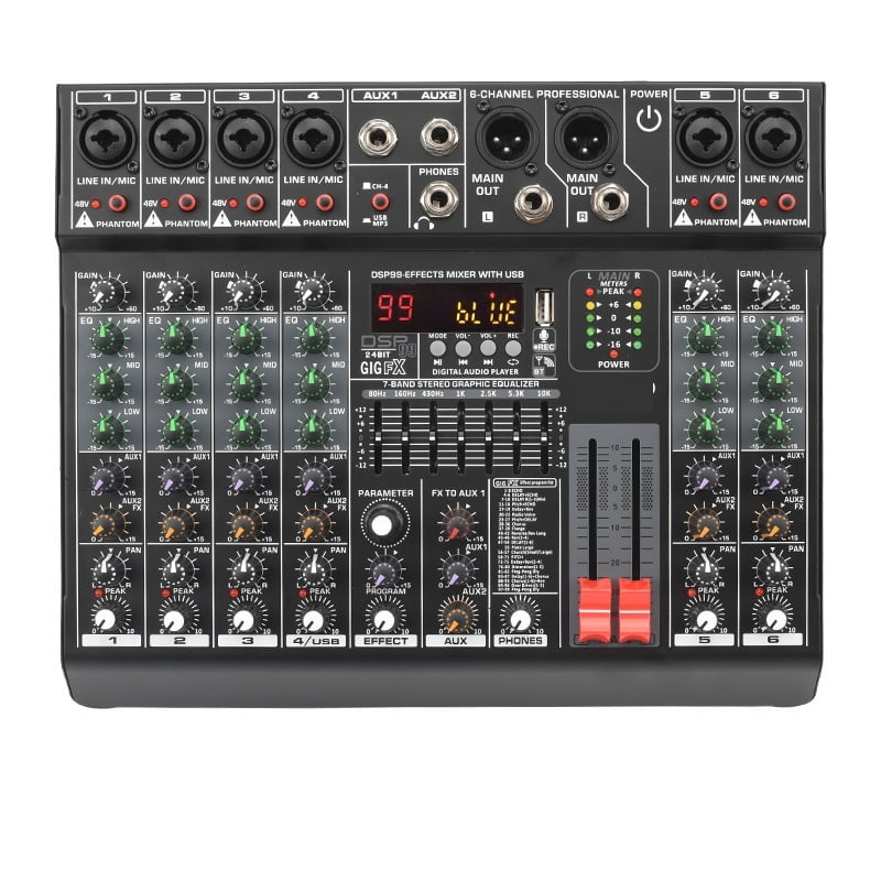 6 Channel DJ Mixer Individual 48V 2 AUX Output Mixing Console 7 Band EQ 99 Effect USB Bluetooth