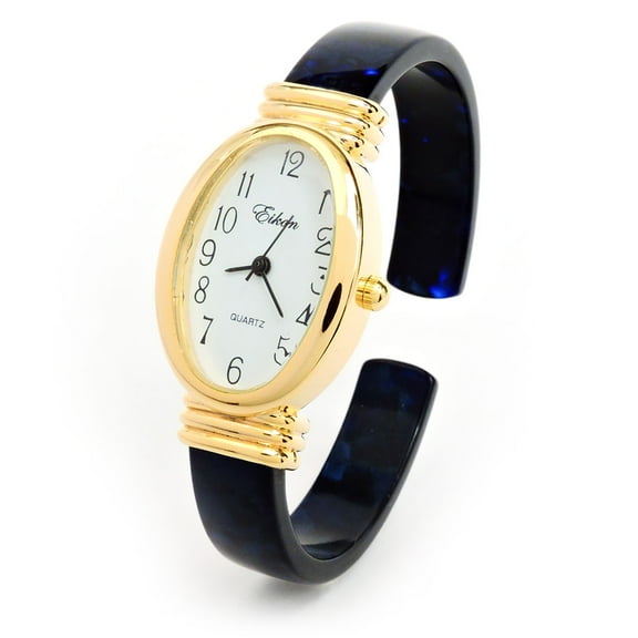 Dark Blue Tortoise Gold Acrylic Band Oval Face Women's Bangle Cuff Watch