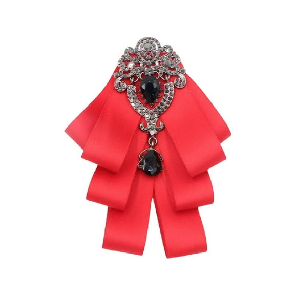 Vintage Ribbon Bowtie Brooch Pin Crystal Bowknot Jabot Collar Pretied Necktie