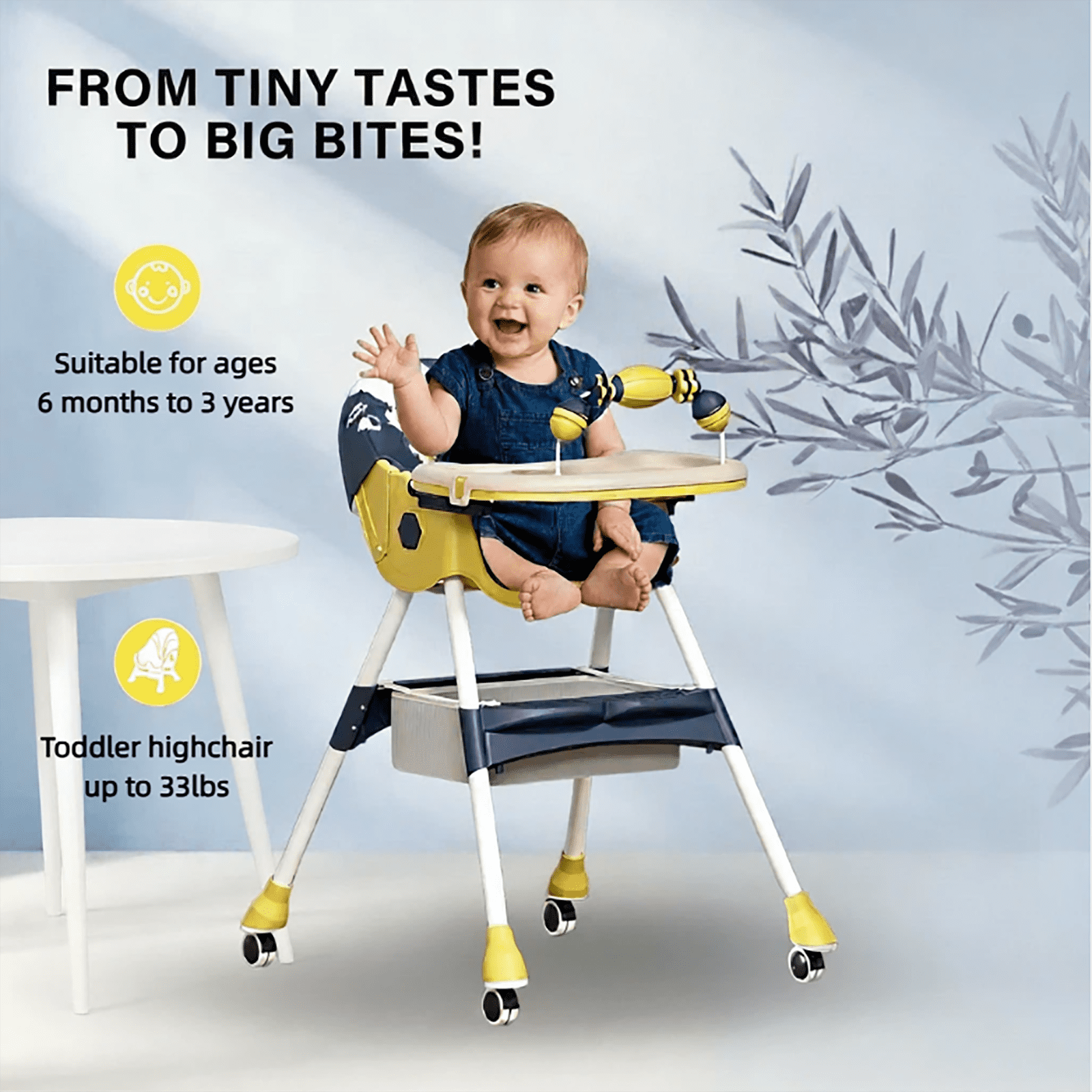 XunKA 4-in-1 Convertible High Chair for Babies and Toddlers, Baby High Chair with Double-Layer Dinner Plate and Toy Rack, for 6-36 Months, Yellow