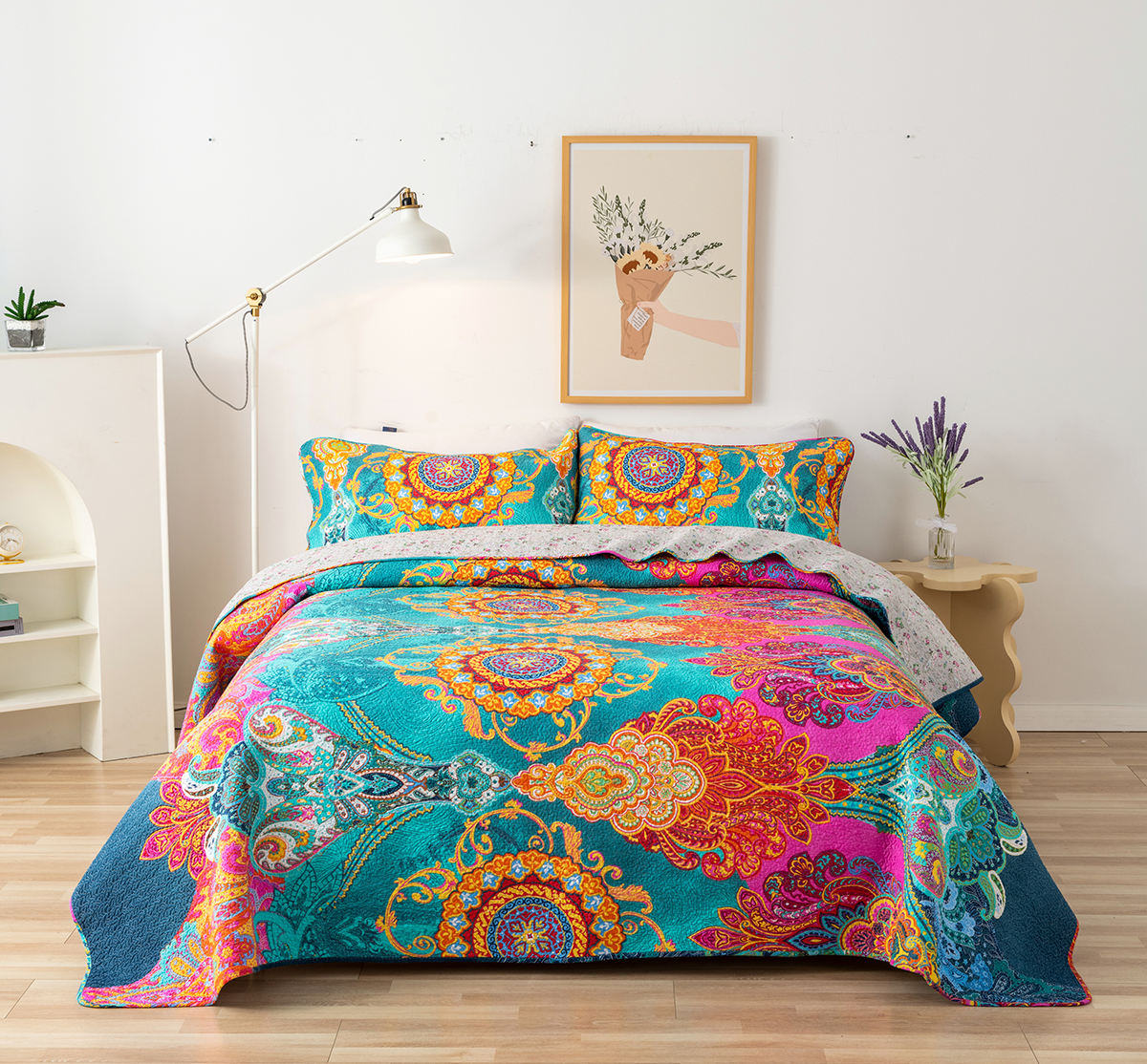 "Happyline" 100 Cotton 3Piece Boho Quilt Set Full/Queen Size (98x90