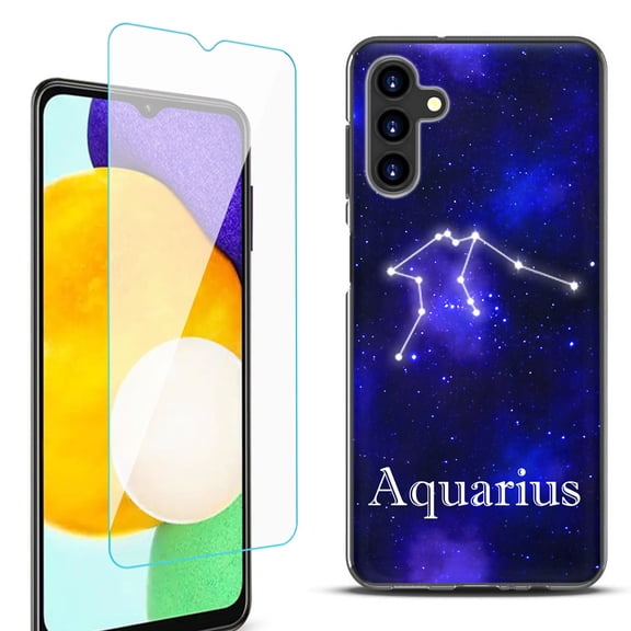 Slim-Fit Protective Fashion Phone Case (Black) for Samsung Galaxy A13 5G, with Tempered Glass Screen Protector, by OneToughShield ® - Zodiac / Aquarius