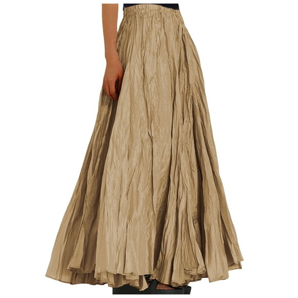 Fgnfyis Womens Fashion Casual High Waist Fold A Dress Soild Vintage Loose Beach Wrap Maxi Long Skirt Skirts for Women Trendy Khaki XL