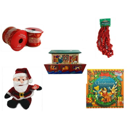 Christmas Fun Gift Bundle [5 Piece] - 2 Rolls Red and Gold Craft Ribbon 2.5 in. x 9 ft. -  Time Red Bead Garland 9' Foot - Noah's Ark Card Storage Display Box Hallmark - Cuddly Cousins Santa  8