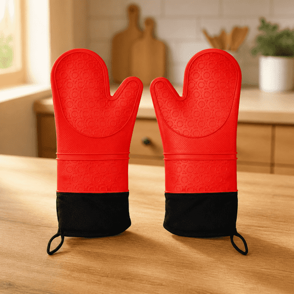 Silicone Oven Mitts – Heat-Resistant Kitchen Gloves up to 500°F, Non-Slip Grip, Extended Length for Forearm Protection, 1 Pair, Red, for Baking, Cooking, and Grilling