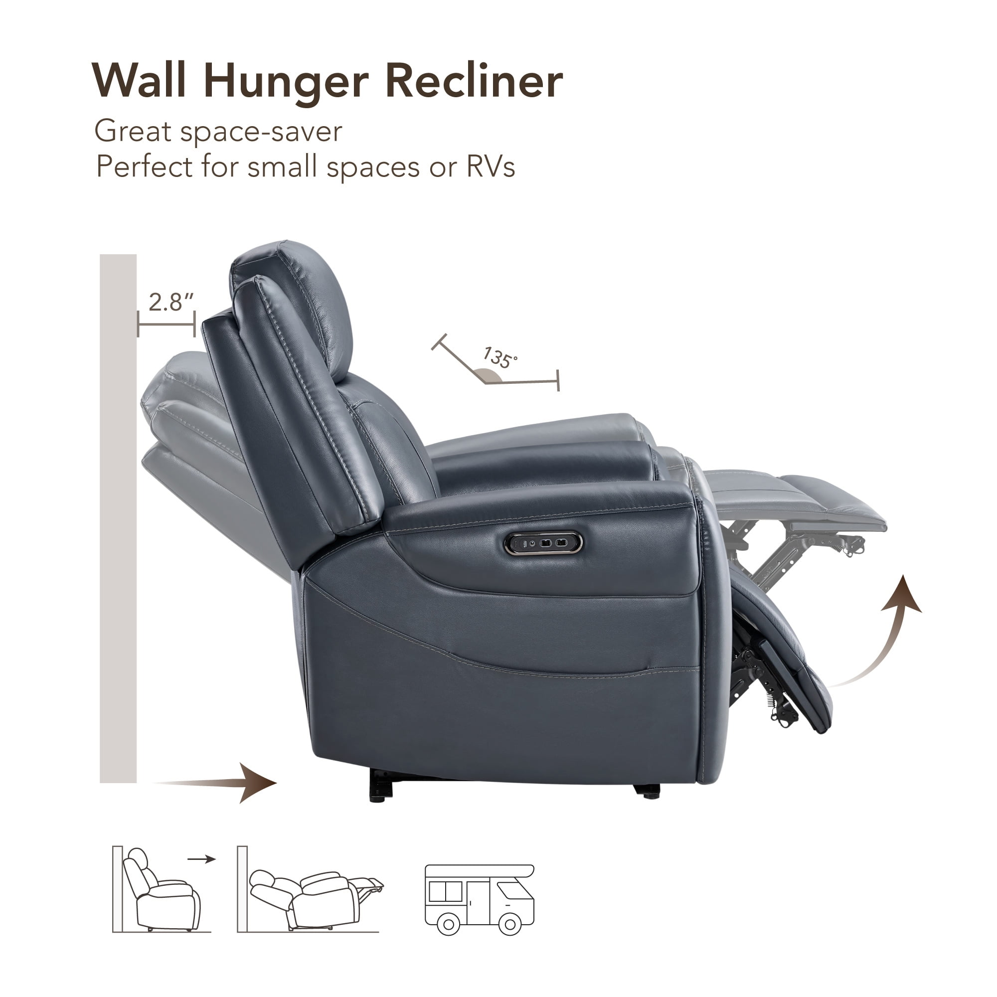 Spruce & Spring Wall Hugger Genuine Leather Power Recliner with Headrest, Navy