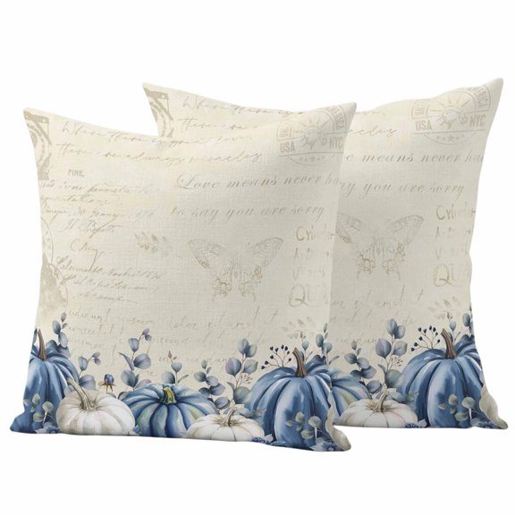 Fall Blue Outdoor Waterproof Pillow Covers, Thanksgiving White Pumpkin Vintage Eucalyptus Decorative Square Throw Pillowcase Sofa Cushion Sham for Patio/Couch/Chair, 20"x20" 2 Pack