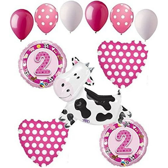 11 pc 2nd Birthday Cow Balloon Bouquet Happy Decoration Farm Animal Second Girl