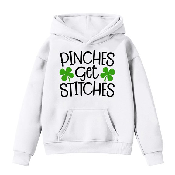 IWRICH St. Patrick's Day Hoodies for Girls Pinches Get Stitches Printed Shamrock Sweatshirts Saint Patrick's Tops,Size 3-14 Years White 160