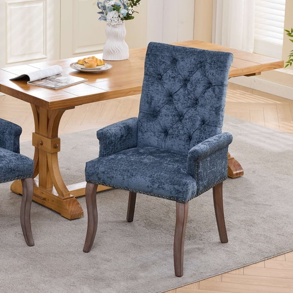 CQSXDA Stylish Tufted Accent Dining Chair with Upholstered Chenille Fabric and Curved Solid Wood Legs, Single Pack, Blue