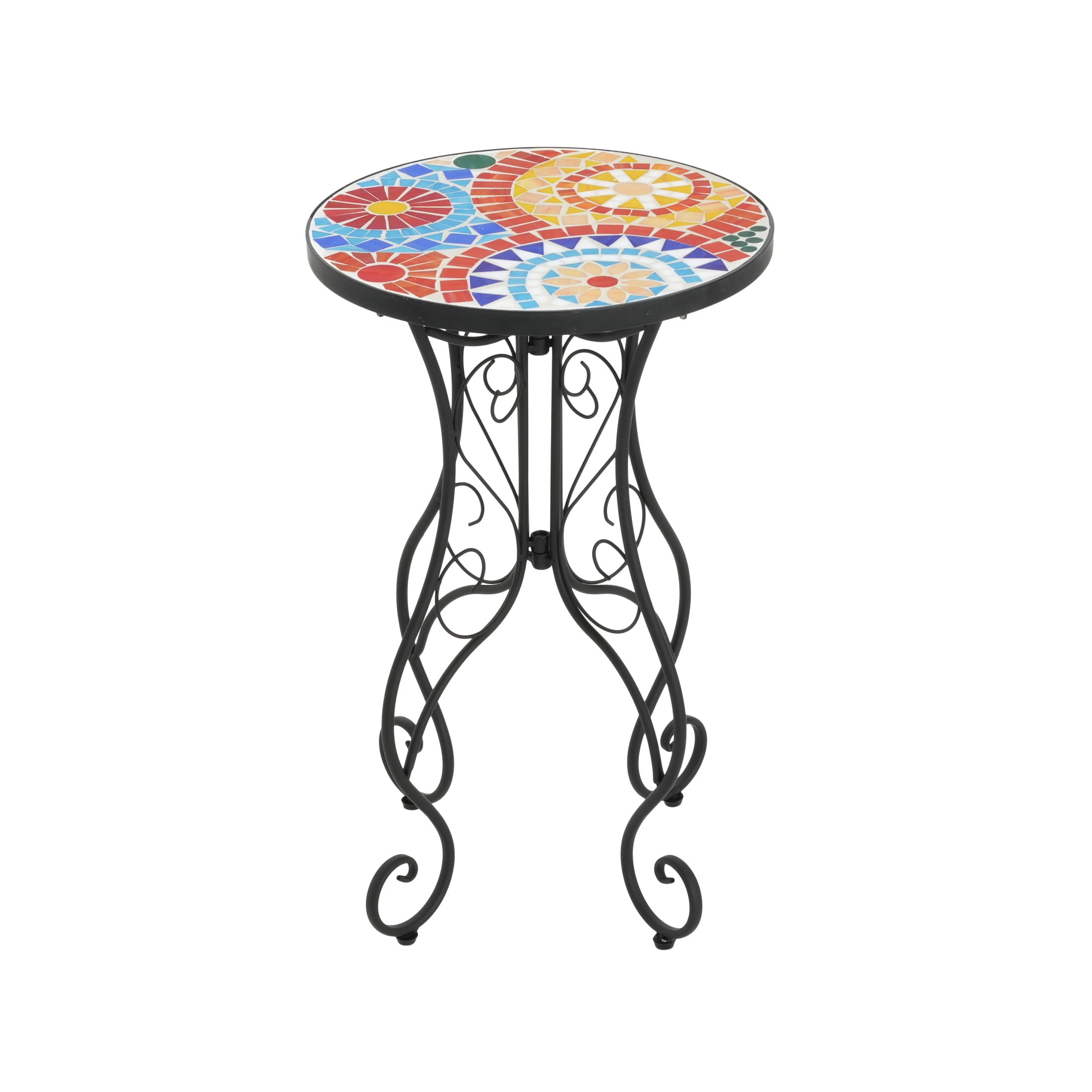 Stow Outdoor Patio Round Side Table, Ceramic Tile, Iron, Black + Colorful