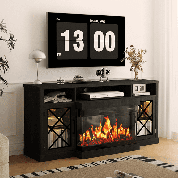 BREEZEHEAT 3-Sided Farmhouse Electric Fireplace TV Stand for TVs up to 75'', Entertainment Center with Glass Door Storage Cabinet, 65'' Large TV Stands with 30.3'' , Antique Black