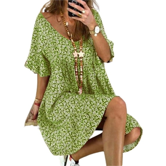 PALACLOTH Women Butterfly Short Sleeve Round Neck Loose Floral Printed Loose Dress