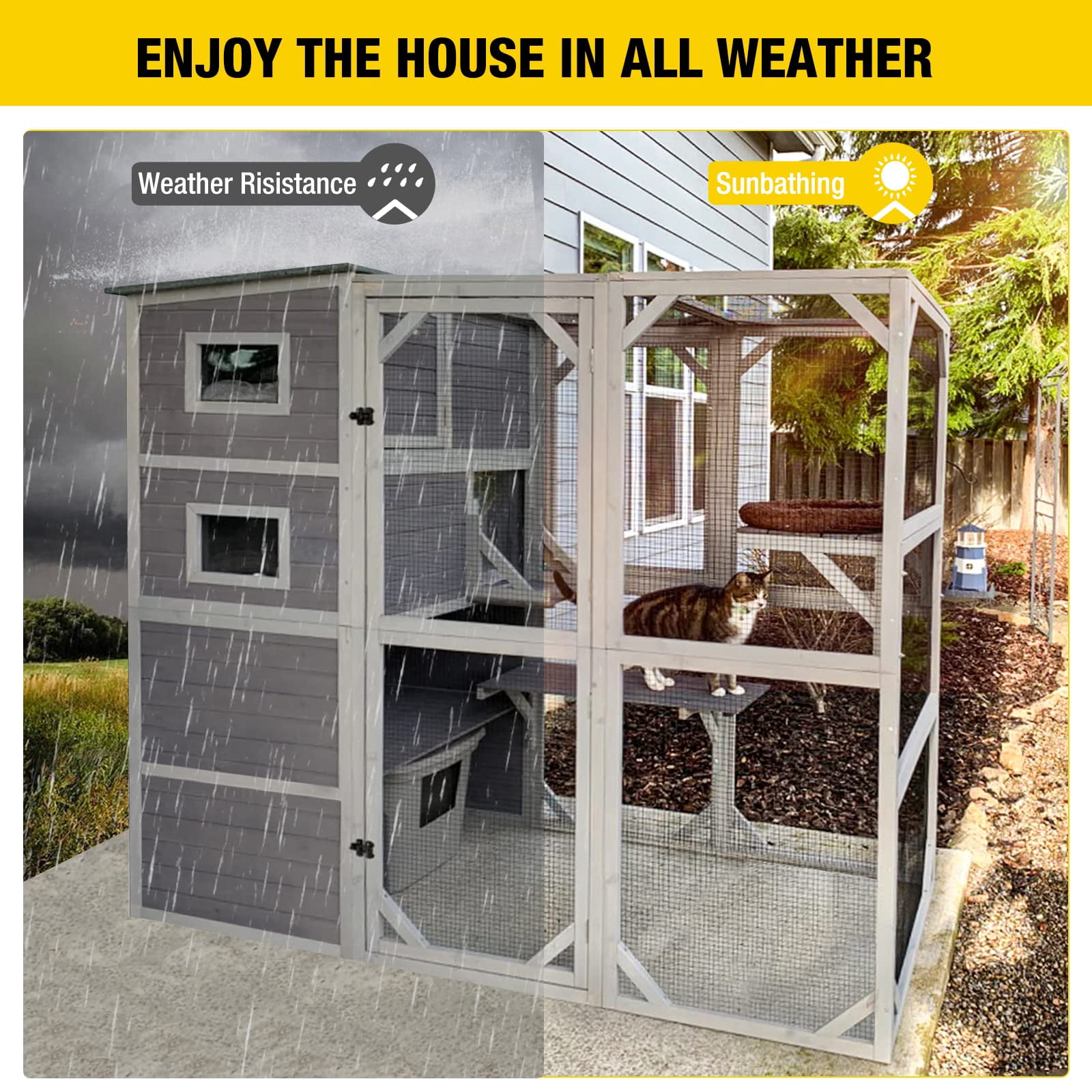 4 Tier Large Catio Enclosure for Indoor Outdoor Cats, Multi-Level Cat House with Weatherproof Roof, 3 Cozy Rooms, 5 Windows, 3 Platforms, Spacious Pet Play Area, Grey