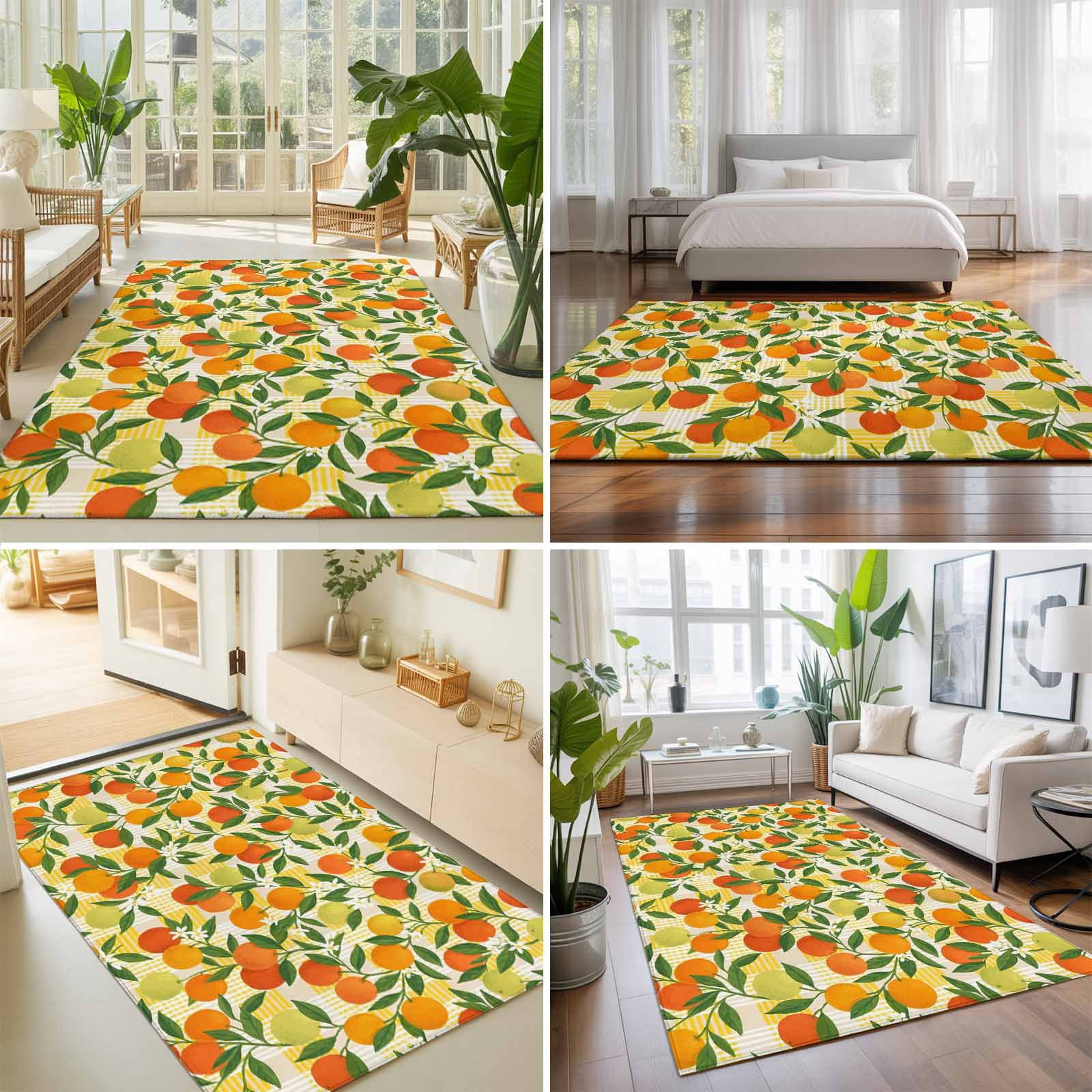 Large Area Rugs 5'x8', Green Orange Carpet Runner Indoor Outdoor Rugs Home Decor Aesthetic, Summer Botanical Leaves Watercolor Checkered Non Slip Mats Washable Accent Rug for Living Room Bedroom