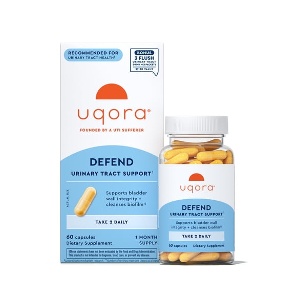 Uqora Defend Urinary Tract Health Supplement Capsules with D-Mannose, Turmeric & Green Tea – Bonus Pack   3 Free Flush Pink Lemonade Samples