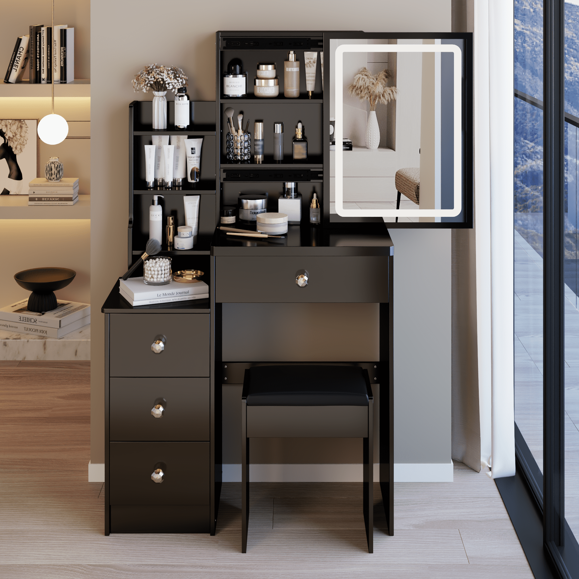 29.2" Small Size Left Bedside Cabinet Vanity Table + Cushioned Stool, Large Sliding, Touch Control, Tri-color Switching, Brightness Adjust LED Mirror, High Capacity Storage