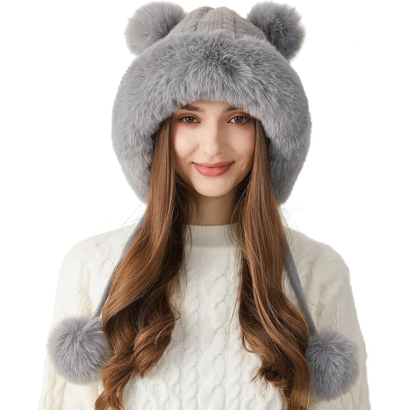 Women Winter Sherpa Beanie Hats Knit Ear Flaps Peruvian Cover Ears Fleece Lined Ski Snow Hat Pompoms
