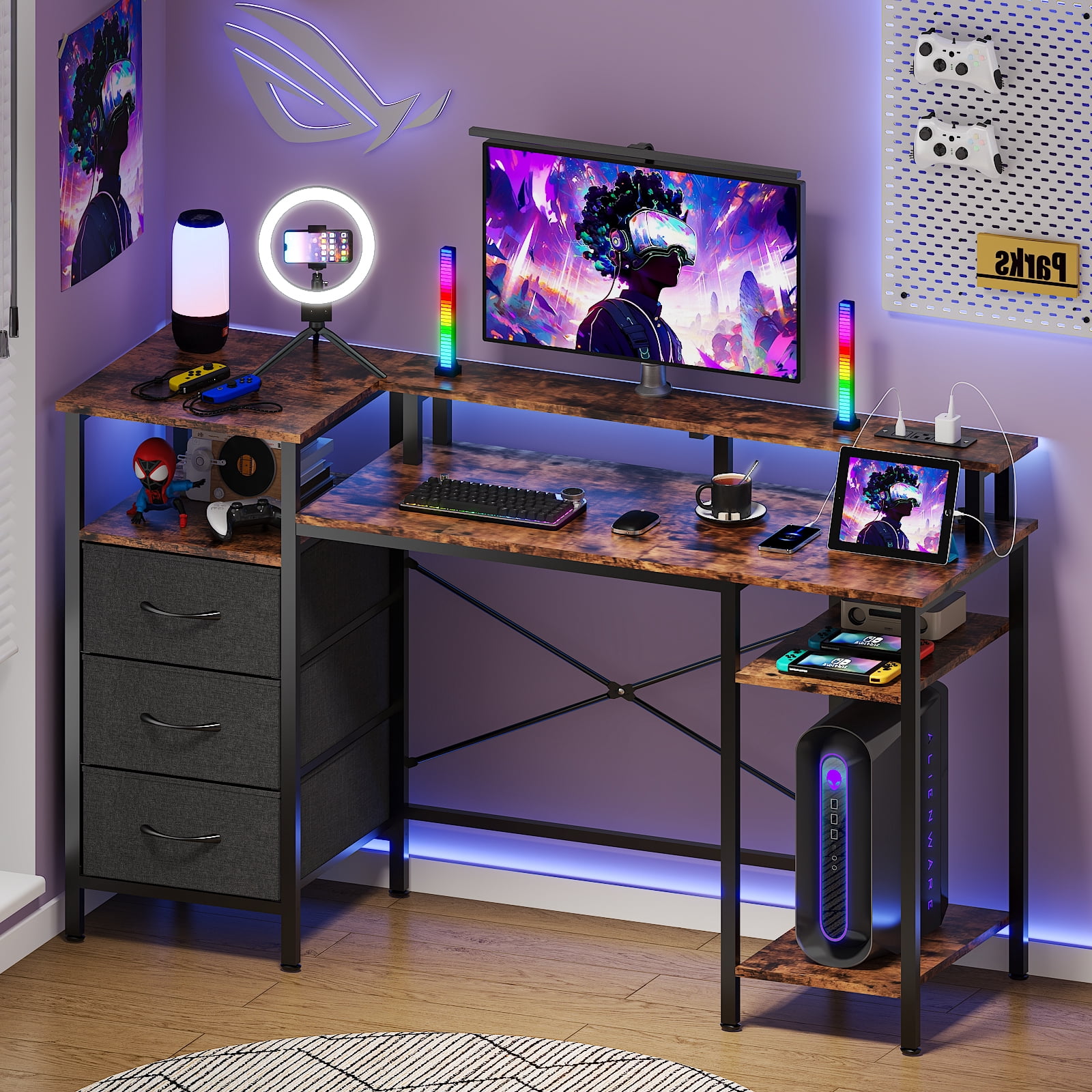 Ktaxon, L-Shape Computer Desk with Charging Station, 47 Inch Brown