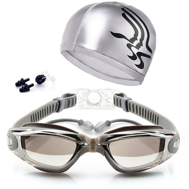 Swimming Accessories, HD Waterproof Anti Fog Swimming Goggles Swim Cap Set - UV Protection Anti Shatter Lenses silver