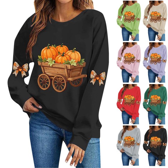 DeeHomeMo Pumpkin Harvest Cart Print Women Pullover Sweatshirt Wide Round Neck Long Sleeve Regular Fit Bow Applique On Sleeves For Fall Daily Casual Outing Army Green,L