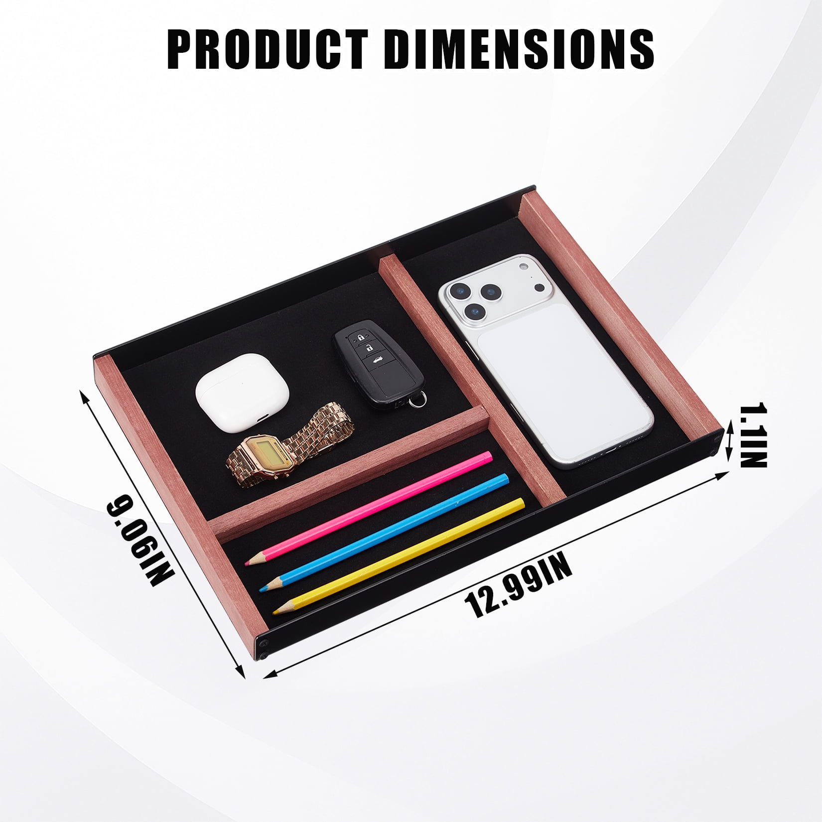 Garvee Wood and Metal Desk Organizer Tray, 3-Compartment Shallow Drawer Organizer for Office Supplies, 13x9x1.1 Inch Iron and Paulownia Wood Desk Accessories Decor, 3.5lbs Heavy Duty Non-Slip