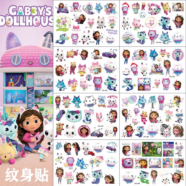 Pegatinas de tatuaje de la serie de dibujos animados periféricos de la casa de muñecas del Anime Gabby para niños, regalos desechables Unisex, variedad de estilos, lindo gato