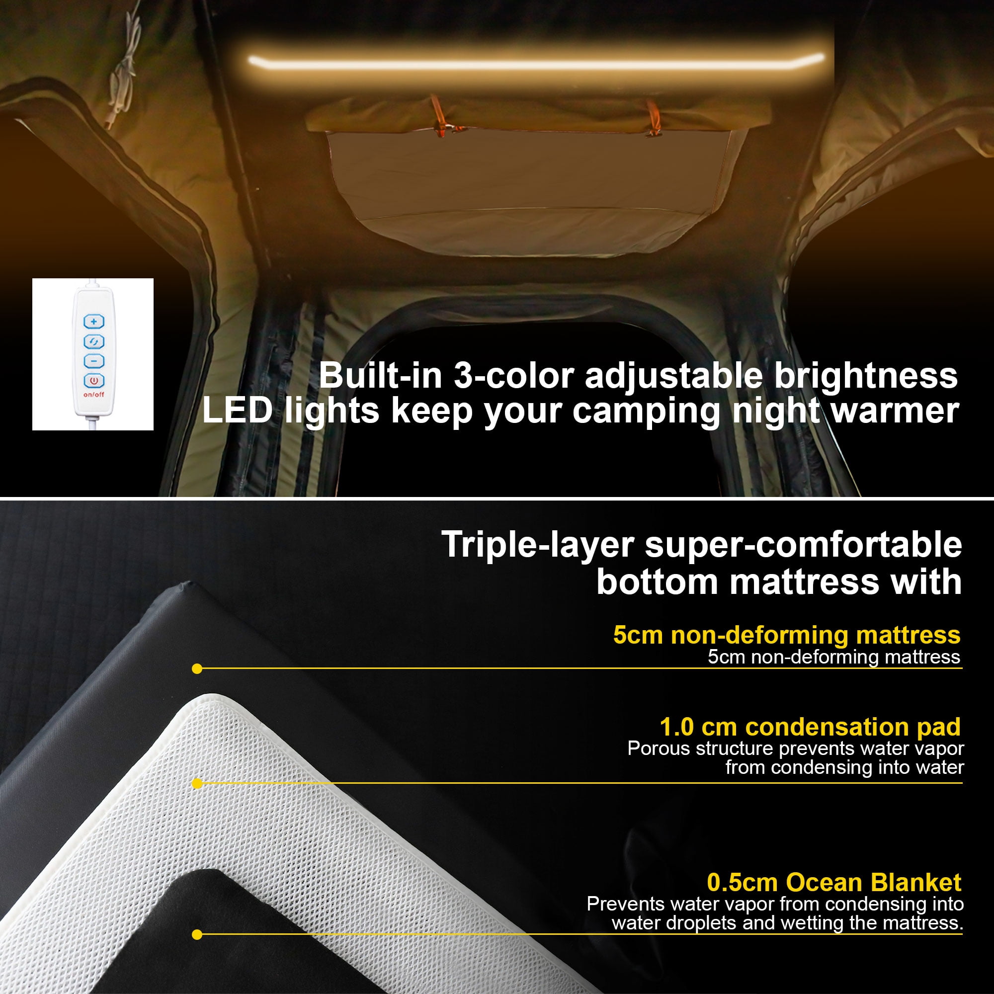 Naturnest Rooftop Tent Hardshell, Polaris 2 Aluminium Roof Top Tent with Skyview Window & LED Stripe Light for Suv Jeep Truck Camping