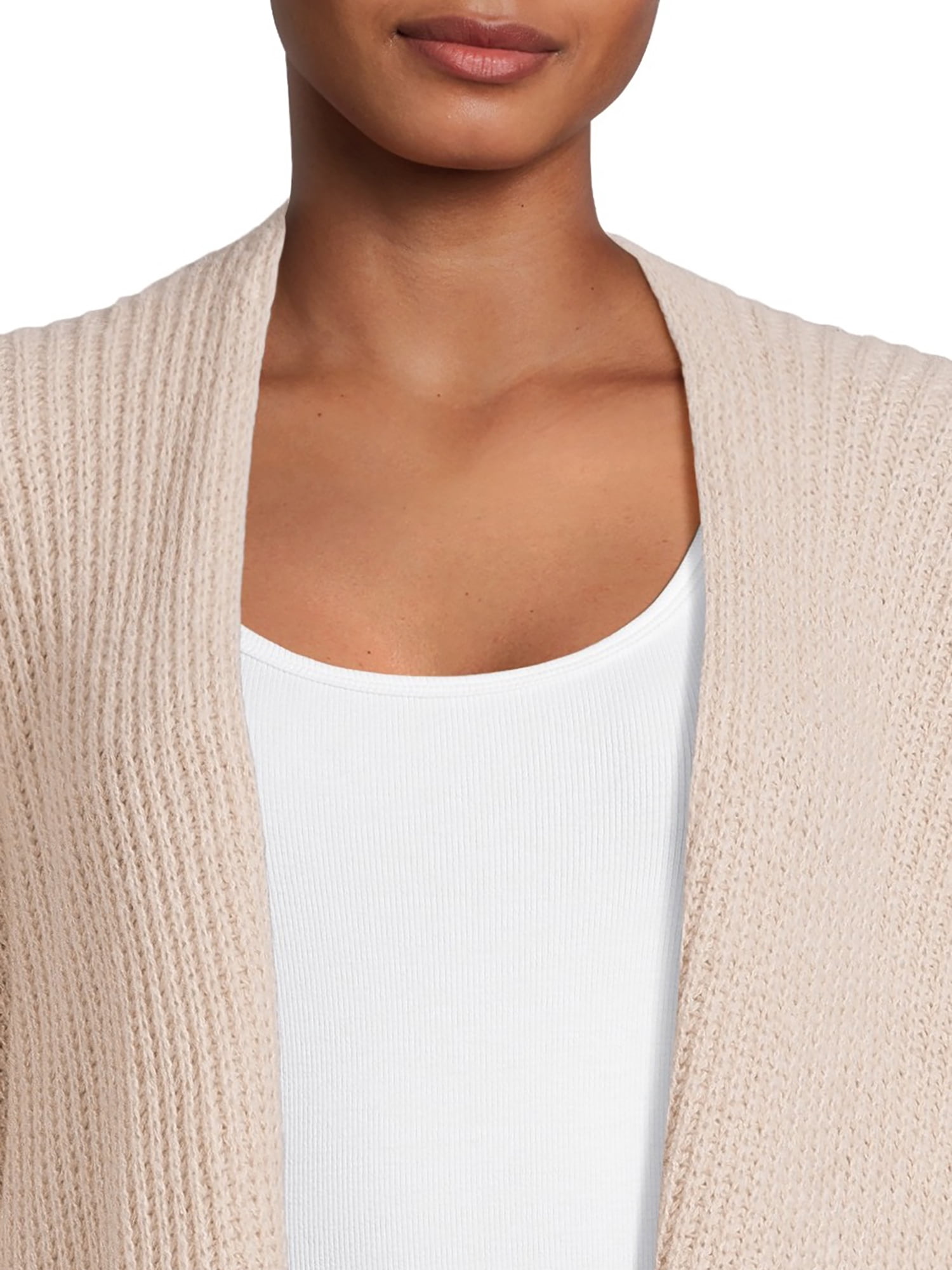 Time and Tru Women's Ribbed Sweater Cape with Pockets, Tan