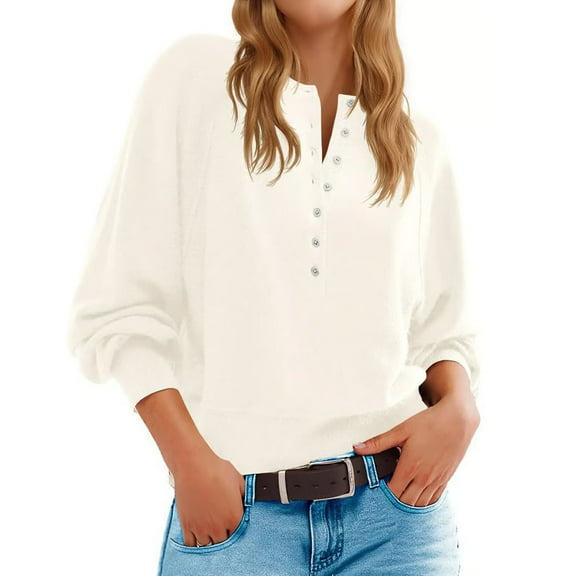 SuTry Women Sweaters Fashion Round Neck Half Button Long Sleeved Solid Color Tops Pullover Sweater for Women Winter Tops(White,3XL)
