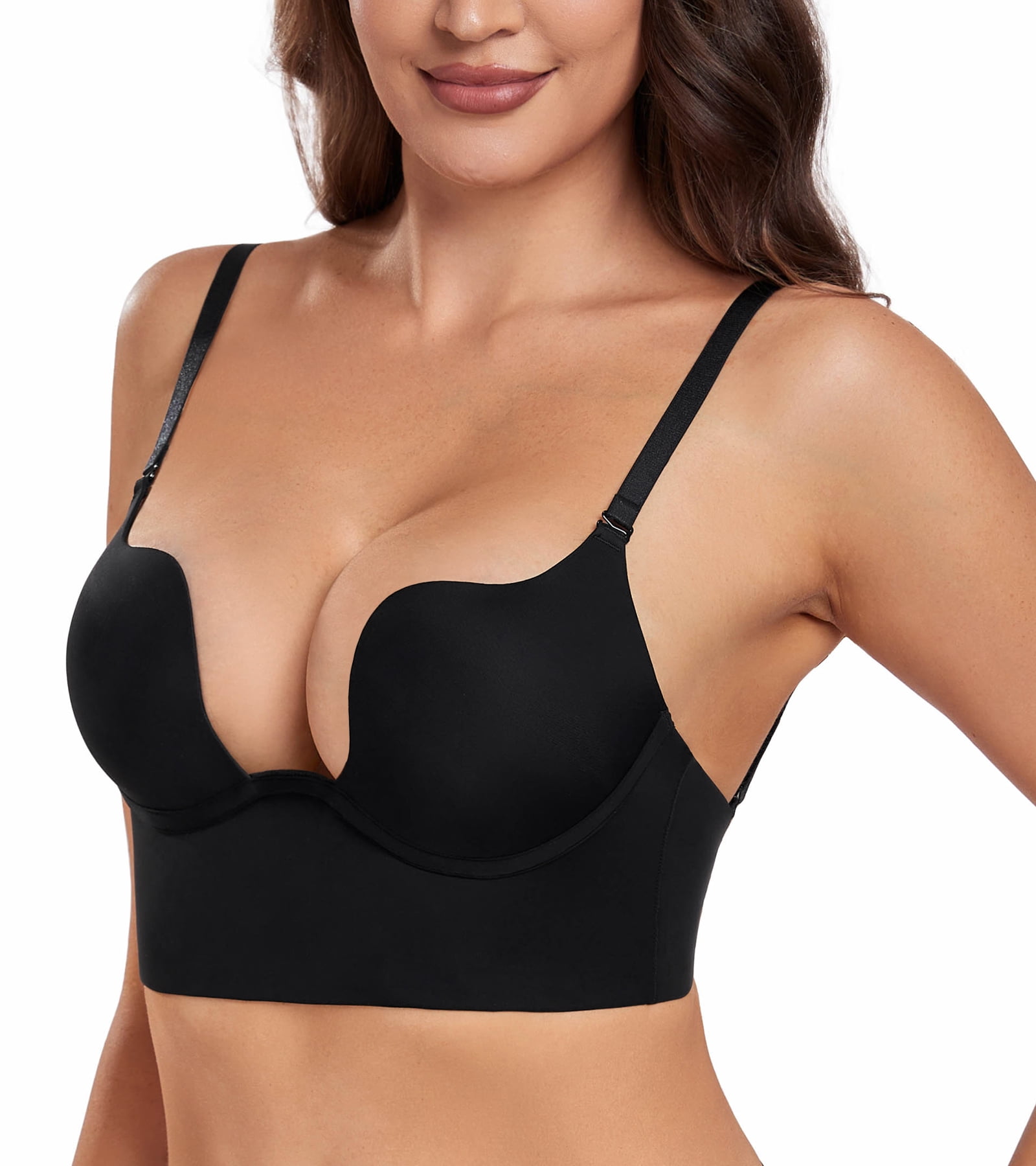 Exerin Women's Plunge Backless Bra Underwire Push Up Padded Multiway Low Back Bras(32B,Black)