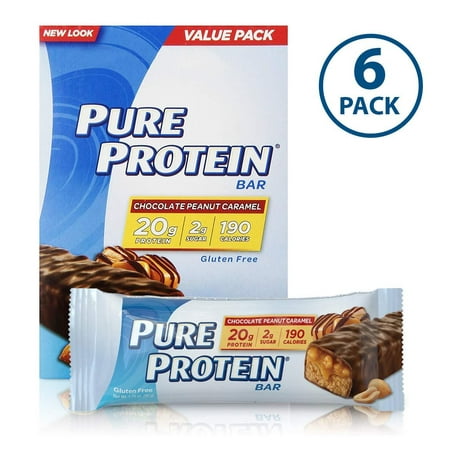 Pure Protein Bars, High Protein, Nutritious Snacks to Support Energy, Low Sugar, Gluten Free, Chocolate Peanut Caramel, 1.76oz, 6