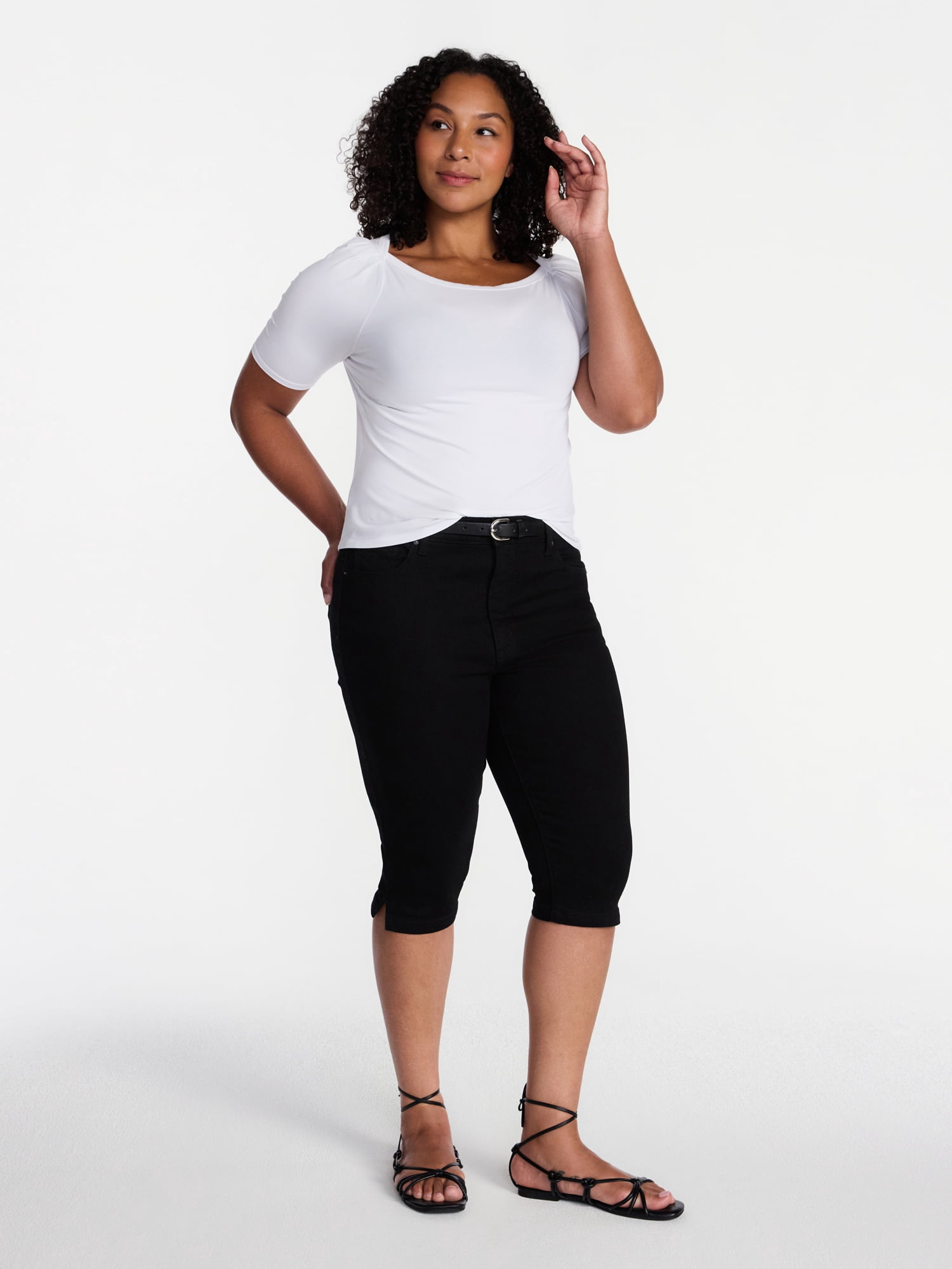 Time and Tru Women's Mid Rise Stretch Denim Capri Pants, 16.5" Inseam, Sizes 0-20