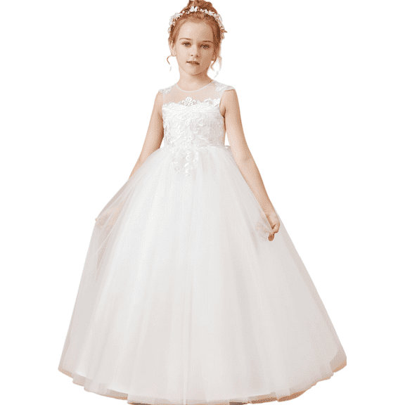 Floor length Flower Girl Dress Scoop Neck Tulle Applique Princess Pageant Dress Birthday Party Dress for Girls Elegant Floral Design Special Occasion 2 -3Years