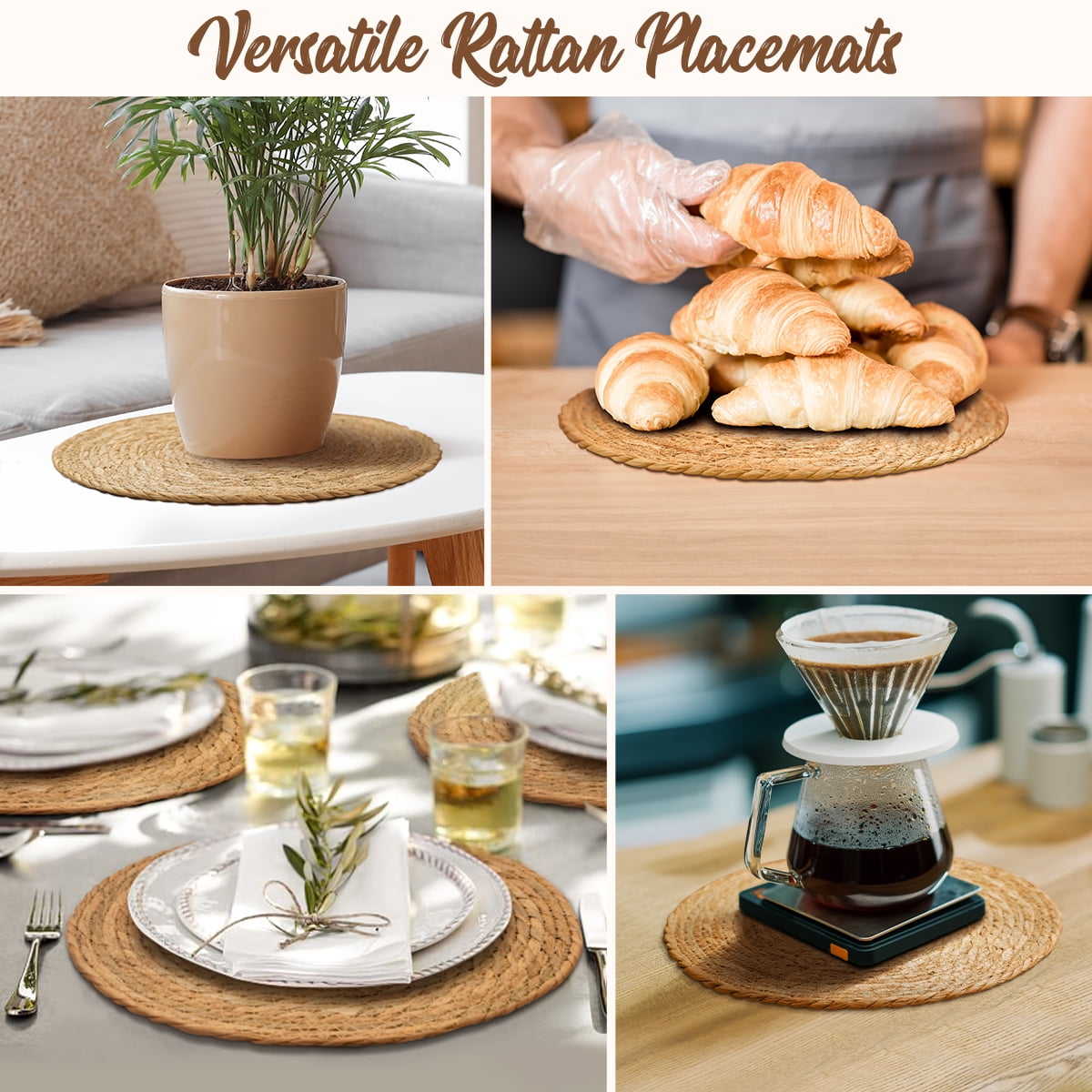 Round Woven Placemats Set of 8, 13 inch Boho Farmhouse Rustic Woven Place Mats for Dining Table Decor, Rattan Wicker Table Mats Chargers for Dinner Plates