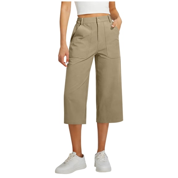 Perfectbot Women's High Waisted Wide Leg Capri Pants - 3/4 Length Loose Fit Casual Cotton Blend Trousers