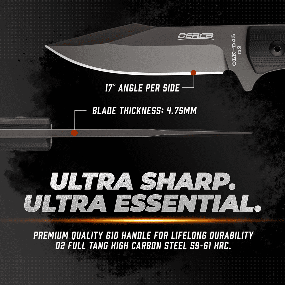 OERLA OLK-D45 Tactical Survival Knife with Kydex Sheath, D2 High Carbon Steel Fixed Blade Outdoor Knife, G10 Handle, EDC Tactical Belt Clip