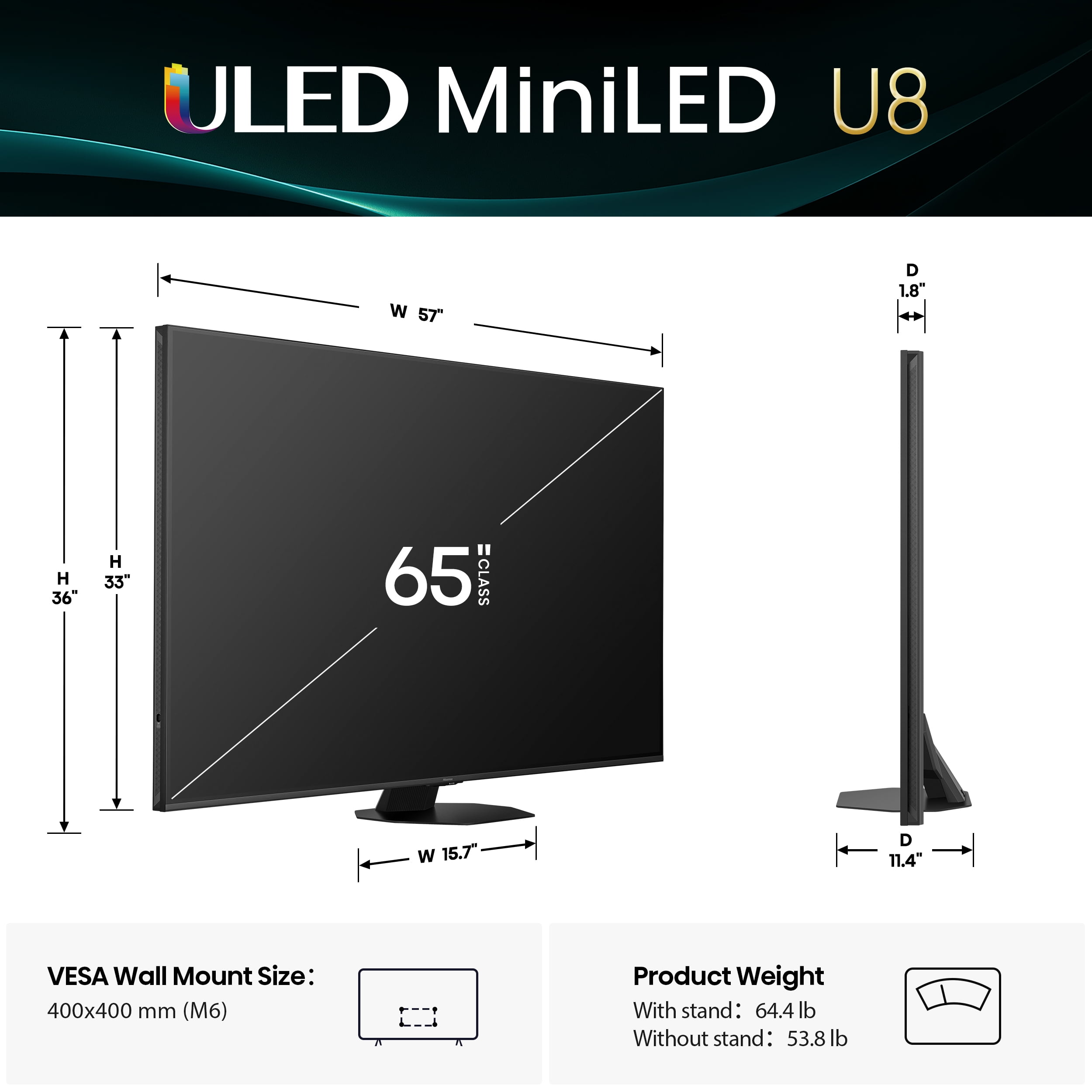 Hisense 65" Class U8 Series Mini-LED ULED 4K UHD Google Smart TV (65U8QG, 2025 Model) - QLED, Native 165Hz, Game Mode Ultra 288 VRR, Dolby Vision IQ, Dolby Atmos, Up to 5000 Nits, IMAX Enhanced