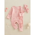 thumbnail image 5 of Loicainy Newborn Baby Girl Spring Fall Romper 3 6 Months Bow Print Long Sleeve Full Length Zipper Front Ribbed Jumpsuit Bow Headband 2Pcs Set, 5 of 9