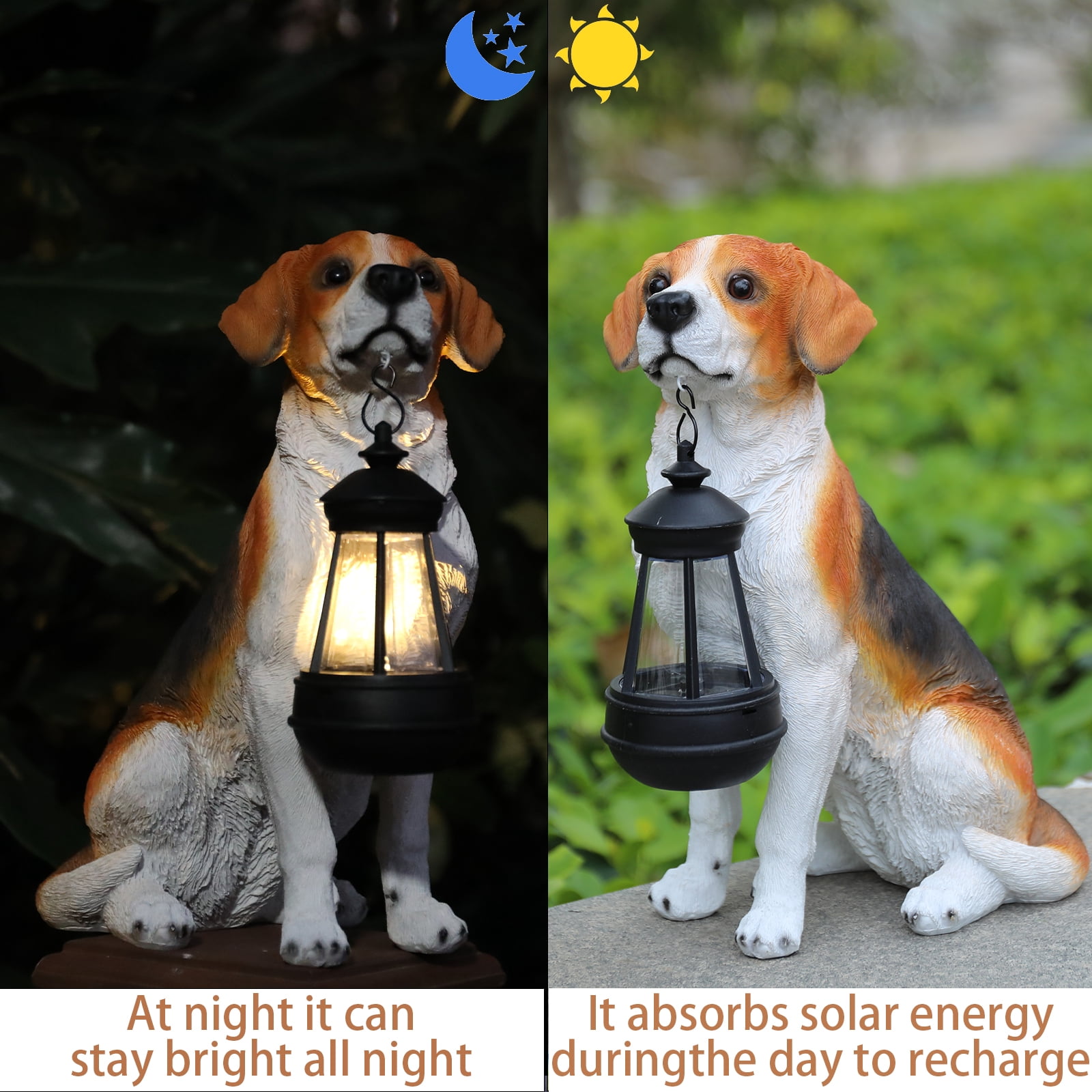 11.8 Inch Beagle Garden Statue with Solar LED Lantern,Dog Statue,Resin Pet Decor for Patio, Lawn & Outdoor Spaces