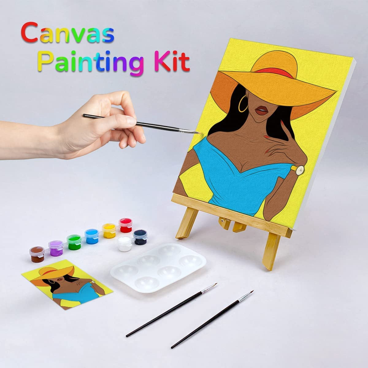 JJEAN-Canvas Painting Kit Pre Drawn Canvas for Adult Party Kits Paint and Sip Party Supplies 8x10 inch Afro Queen 8 Acrylic Colors,3 Brush,1 Pallet Girl Paint Art Set (Pack of 2)