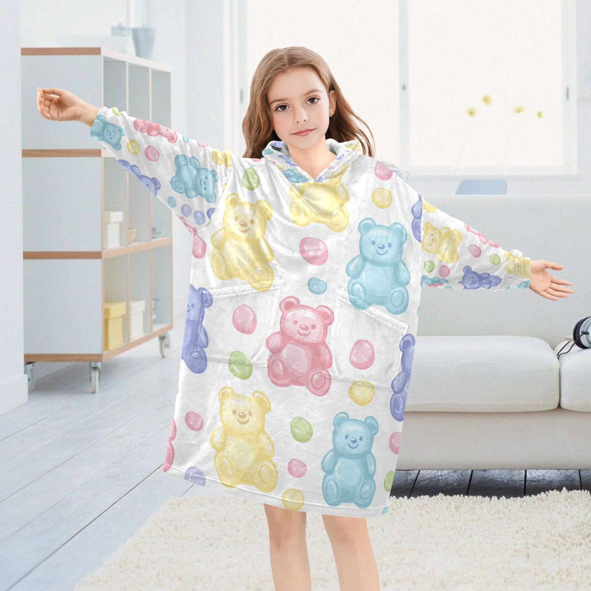 FORMRS Wearable Blanket Hoodie with Sleeves for Kids Cozy Flannel Sweatshirt, Colorful Gummy Bears Pattern