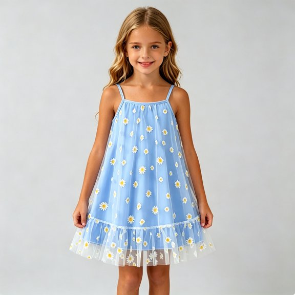 Girls Summer Floral Print Dresses Flowy Sleeveless V Neck Bow Shoulder Ruched Waist Casual Play Sundress Sky Blue 4-5 Years
