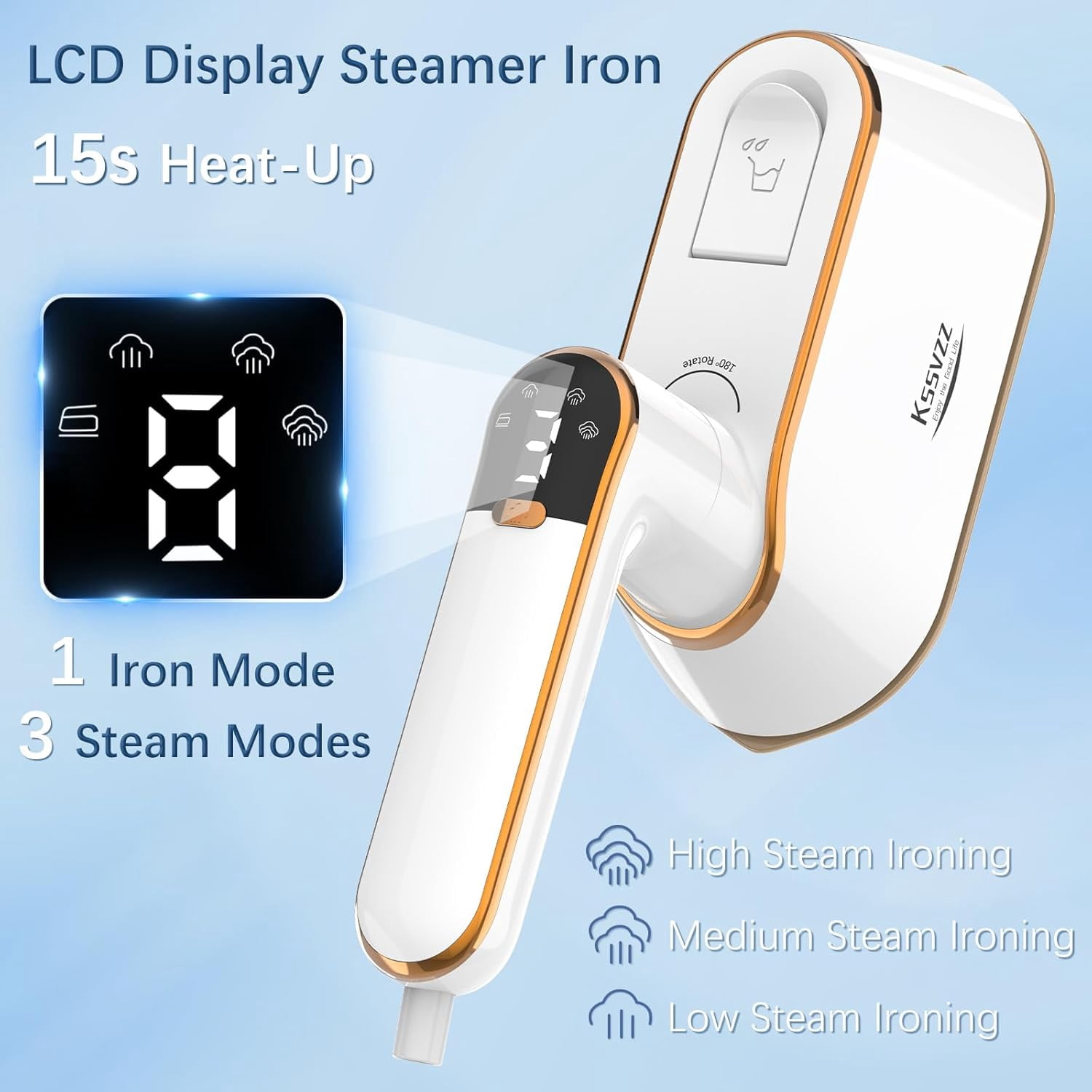 Portable Travel Steamer Iron for Clothes with LCD Display - 4 Mode Handheld Mini Clothing Steam Iron, 1200W Small Garment Steamer, Hand Held Fabric Steamer for Home, Dorm, Travel (120V ONLY)(White)