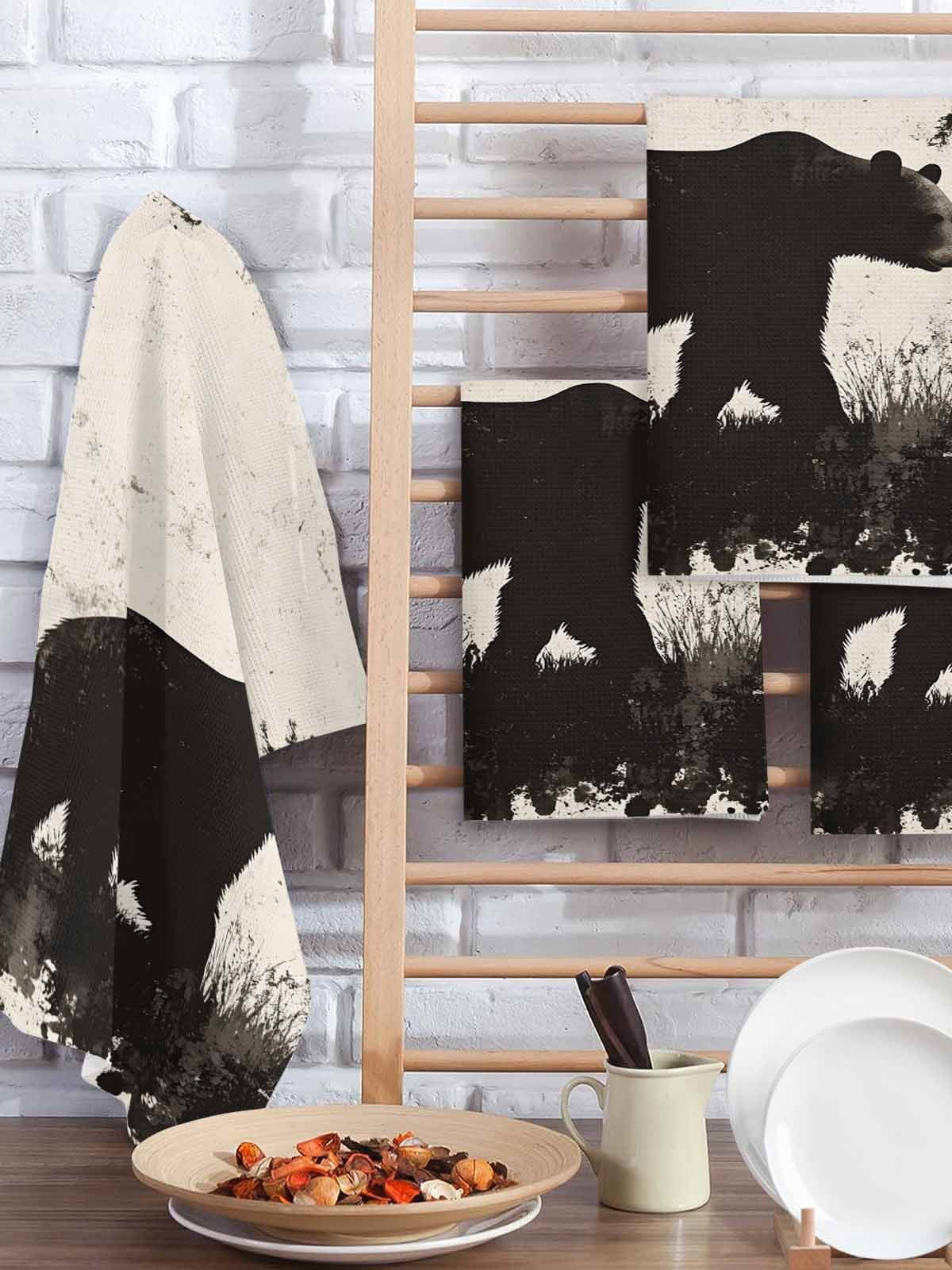 Black Bear Kitchen Dish Towels for Drying Dishes Set of 3, Vintage Forest Cabin Animals Silhouette Waffle Weave Microfiber Hand Tea Bathroom Towels Quick Dry & Absorbent Towel 15.7x23.6